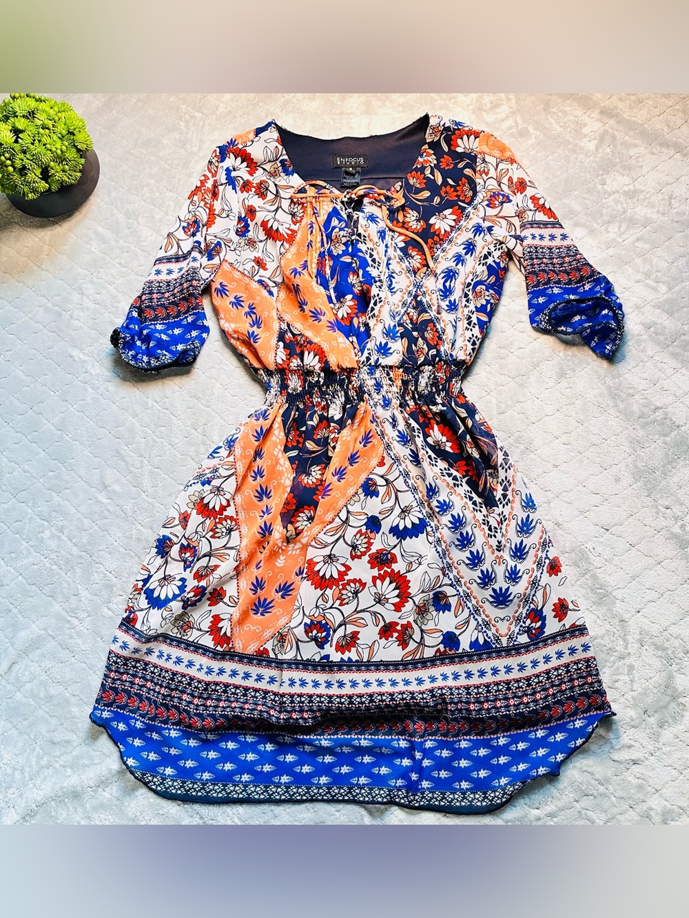 🌸 Boho Cottagecore Floral Border Print Smocked Dress Enfocus Studio Sz 6